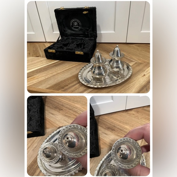 International Silver Co Salt Pepper Set With Tray Handmade Silver Plated India - Picture 3 of 10